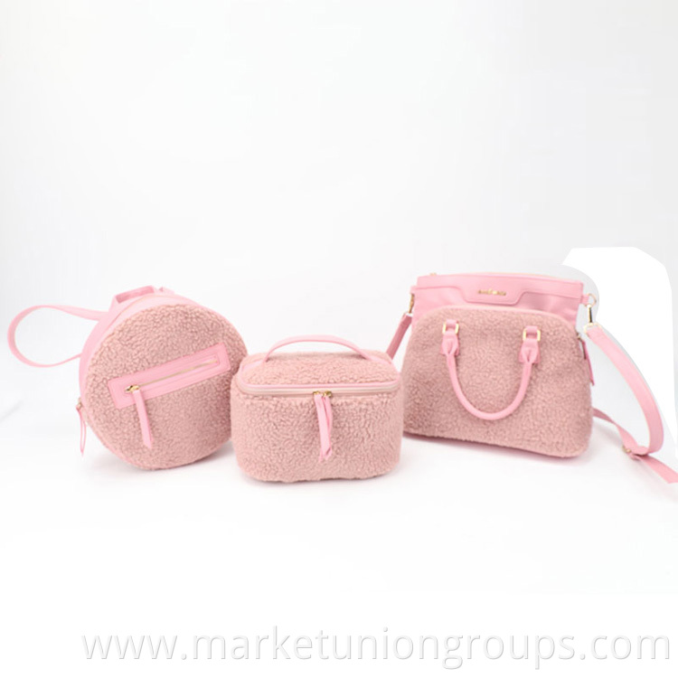 Cute Pink Cylinder Wool Winter Lambs PU Sherpa Soft Backpack Lady Girl Rabbit Tote Bag